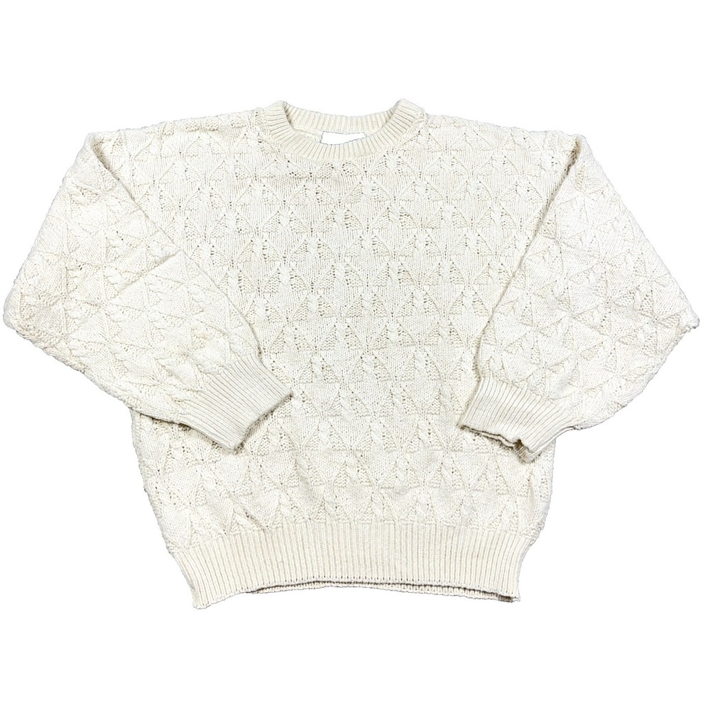 Vintage Grandpa Sweater Men Medium Cream White Crewneck Textured USA 80s 90s